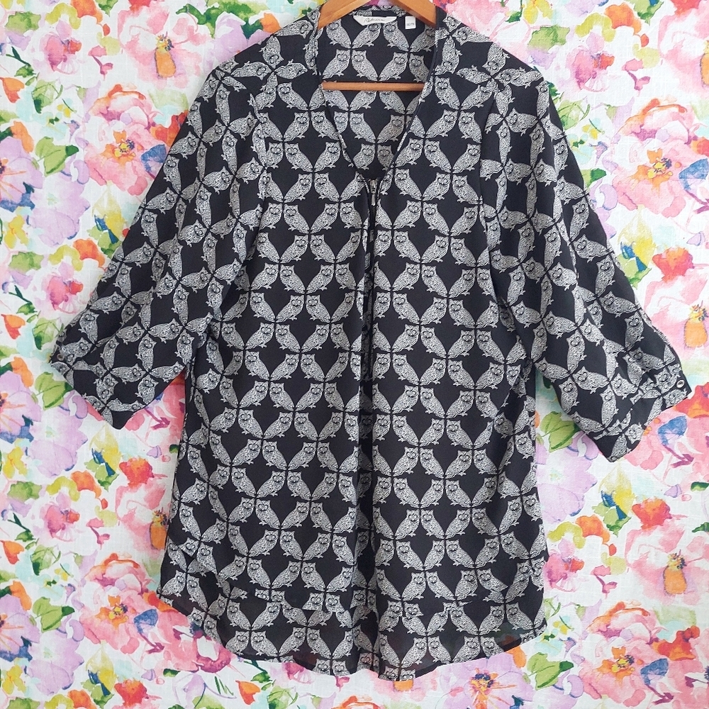 Reitmans Owl Print Black White Tunic Flowy Lightweight Size XXL